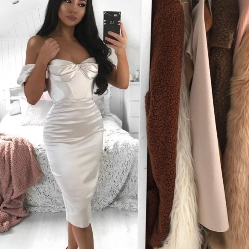 House of CB Cream Satin Off-Shoulder Midi Dress